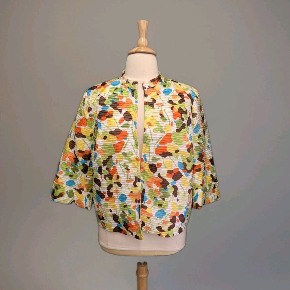 Silk Land Open Front Lightweight Summer Jacket 100% Silk Green Orange Brown